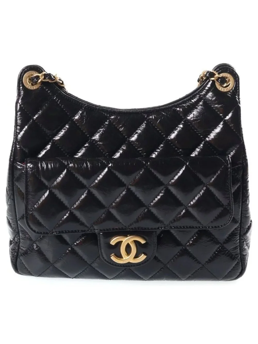 Chanel Hobo Quilted Chain Shoulder Bag Black Shiny Calfskin Gold